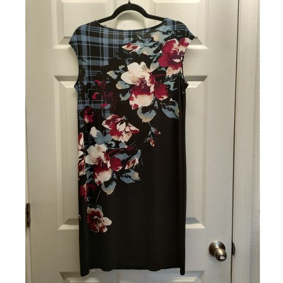 Chico's Size Medium (1) Black Blue Plaid Floral Sleeveless Boat Neck Shift Dress - Picture 3 of 5